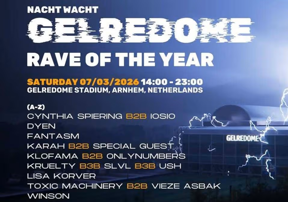 Nachtwacht – Gelredome event 2026 1 Nachtwacht hard techno festival at Gelredome Stadium in Arnhem, Netherlands